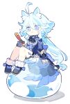  1girl :3 ahoge animal_ear_fluff animal_ears arm_support artist_name ascot asymmetrical_gloves black_ascot blue_eyes blue_footwear blue_hair blue_jacket blue_shorts bow bubble cat_ears cat_girl chibi chibi_only ciao_churu closed_mouth cyenmi3 double-parted_bangs food footwear_bow furina_(genshin_impact) garter_straps genshin_impact gloves hair_between_eyes half_gloves heterochromia holding holding_food jacket long_hair long_sleeves mismatched_gloves multicolored_hair pet_food shorts simple_background sitting solo streaked_hair symbol-shaped_pupils tailcoat very_long_hair white_background 