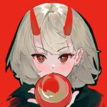  1girl blonde_hair blush chromatic_aberration ear_chain ear_piercing eyeshadow fishofthelakes food fruit green_pupils hand_up highres holding holding_food holding_fruit horns looking_at_viewer makeup oni original piercing portrait red_background red_eyes red_eyeshadow red_theme short_hair solo 