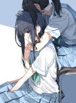  2girls absurdres aqua_neckerchief black_hair blue_hair blue_sailor_collar blue_skirt chair covered_face hand_on_another&#039;s_head hibike!_euphonium highres hug kasaki_nozomi kitauji_high_school_uniform multiple_girls neckerchief nyoijizai on_chair on_floor parted_lips red_eyes sailor_collar school_chair school_uniform shirt shoes short_sleeves sitting skirt uwabaki white_shirt yoroizuka_mizore 