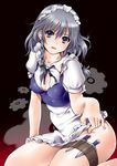  blue_eyes bottomless braid breasts cleavage covered_nipples izayoi_sakuya knife maid maid_headdress medium_breasts short_hair silver_hair solo spanking_momoko thigh_strap touhou twin_braids 