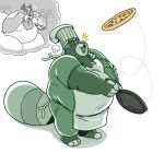 2024 anthro apron belly big_belly canid canine chef_hat clothing cookware food frying_pan green_body hat headgear headwear kitchen_utensils male mammal open_mouth overweight overweight_male pizza raccoon_dog runxforest simple_background solo surprise tanuki tools