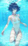  1girl blue_eyes blue_hair bubble closed_mouth commentary_request goggles highres kaoming looking_at_viewer nanjou_ao original pool_ladder see-through see-through_swimsuit solo swim_goggles swimsuit underwater 