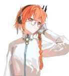  1girl a.i._voice adachi_rei alternate_costume alternate_hair_length alternate_hairstyle bespectacled braid closed_mouth collared_shirt glasses hand_on_headphones hand_up hashtag-only_commentary headphones highres long_hair long_sleeves looking_to_the_side orange_eyes orange_hair round_eyewear rutsubo_(lu2vooo) shirt simple_background solo upper_body utau white_background white_shirt 