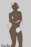 2020 anthro biped blue_eyes brown_body brown_fur buckteeth fur grey_background hi_res holding_tail male mammal markings midsection murid murine navel nipples nude pecs pink_nipples rat rodent sarahratte simple_background smile socks_the_rat_(fursona) solo standing tail teeth whiskers white_markings
