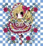  1girl :&lt; alternate_costume baku0633 bare_shoulders blonde_hair blue_background bow bowtie checkered_background chibi closed_mouth detached_sleeves earrings flandre_scarlet flower full_body hair_between_eyes hair_bow high_heels jewelry layered_skirt leaf leg_ribbon looking_at_viewer medium_hair one_side_up pointy_ears red_bonnet red_bow red_eyes red_flower red_footwear red_ribbon red_rose red_skirt ribbon rose shirt simple_background skirt sleeveless sleeveless_shirt solo thorns touhou white_background white_shirt yellow_bow yellow_bowtie 