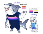 2021 anthro biped bisexual_pride_colors cass_fletcher clothed clothing duo english_text feet female fish fluffy fluffy_hair fur fuzzbutts_(lopoddity) gills great_white_shark grey_body grey_skin hair handpaw harp_seal hi_res humanoid_hands katie_anchor lamnid lamniform lgbt_pride lopoddity mammal marine model_sheet nonbinary_(lore) nonbinary_pride_colors open_mouth open_smile orange_lesbian_pride_colors paws pinniped pride_colors seal shark sharp_teeth simple_background smile teeth text tongue tongue_out white_background white_body white_fur