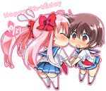  bad_id bad_pixiv_id blue_skirt blush brown_hair cheek_kiss chibi closed_eyes hair_ribbon happy_birthday haramura_nodoka kasuga_souichi kiss kiyosumi_school_uniform kneehighs long_hair miyanaga_saki multiple_girls no_panties pink_hair red_eyes ribbon saki school_uniform serafuku short_hair skirt thighhighs twintails yuri zettai_ryouiki 