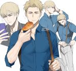  1boy black_pajamas blue_shirt brown_eyes cellphone collared_shirt croissant eating food grey_pants hair_down highres holding holding_food holding_phone jacket_on_arm jujutsu_kaisen long_sleeves nanami_kento pajamas pants phone shirt short_hair smartphone solo ssss7777_7 standing suspenders upper_body watch wristwatch 