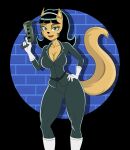 2024 absurd_res accessory anthro belt black_hair breasts cleavage clothed clothing colored domestic_cat felid feline felis female gloves green_eyes gun hair hair_accessory hairband hand_on_hip handgun handwear haru4477 hi_res highlights_(coloring) kitty_katswell leather leather_clothing looking_at_viewer mammal muscular muscular_female nickelodeon pistol portrait ranged_weapon raygun shaded smile solo standing t.u.f.f._puppy tail tan_body three-quarter_portrait tight_clothing weapon
