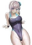  1girl absurdres bare_shoulders beach black_one-piece_swimsuit blue_eyes blue_one-piece_swimsuit blush breasts bun_cover cleavage collarbone fate/grand_order fate_(series) hair_bun hair_ribbon highleg highleg_swimsuit highres kugiseiichi large_breasts long_hair looking_at_viewer miyamoto_musashi_(fate) miyamoto_musashi_(swimsuit_berserker)_(fate) miyamoto_musashi_(swimsuit_berserker)_(first_ascension)_(fate) one-piece_swimsuit pink_hair ribbon simple_background single_side_bun smile swept_bangs swimsuit thighs two-tone_swimsuit white_background 