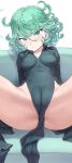  1girl ass black_dress breasts cameltoe couch covered_navel covered_nipples curly_hair dress eyelashes flipped_hair green_eyes green_hair highres looking_at_viewer m_legs medium_breasts mogudan one-punch_man sitting skin_tight smile solo spread_legs tatsumaki thighs 