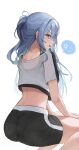  1girl anger_vein blue_eyes blue_hair blush crop_top highres hoangryu hololive hololive_dance_practice_uniform hoshimachi_suisei long_hair looking_back midriff open_mouth panties_under_shorts shorts simple_background sitting solo spoken_anger_vein sports_bra sweat sweaty_clothes virtual_youtuber wet wet_clothes white_background 