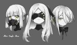  3girls :3 absurdres black_blindfold blindfold blue_archive blunt_bangs blush bow bowtie choker cropped_head ein_(blue_archive) extra_pupils grey_background greyscale hair_over_one_eye highres loah_66 long_bangs long_hair looking_at_viewer medium_hair monochrome multiple_girls ohr_(blue_archive) respirator short_hair simple_background sof_(blue_archive) spot_color symbol-shaped_pupils twintails x-shaped_pupils 
