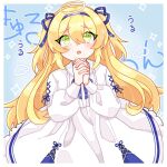  1girl blonde_hair blue_background cowboy_shot dokibird_(vtuber) dress english_commentary gin_gin_gitsune green_eyes halo highres indie_virtual_youtuber long_hair long_sleeves looking_at_viewer open_mouth own_hands_clasped own_hands_together solo tearing_up virtual_youtuber white_dress 