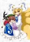  2girls :3 animal_ear_fluff animal_ear_piercing animal_ears blonde_hair blue_tabard blush brown_eyes brown_hair chen child commentary_request dress earrings fox_ears fox_tail full_body hair_between_eyes hands_up hat jewelry looking_at_viewer mob_cap multiple_girls multiple_tails nekomata parted_lips red_dress rikaon single_earring tabard tail touhou two_tails white_dress yakumo_ran yellow_eyes 