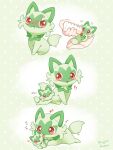  ! anger_vein angry animal_ears animal_focus bottle closed_mouth green_fur heart highres holding jealous licking milk_bottle mugita_konomi open_mouth pokemon pokemon_(creature) red_eyes signature simple_background sprigatito tail two-tone_fur 