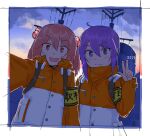  2019 2girls akebono_(kancolle) alternate_costume armband blush border cloud coat fang hair_between_eyes hair_bobbles hair_ornament highres kantai_collection long_sleeves looking_at_viewer matsuge916 multiple_girls open_mouth outdoors pink_eyes pink_hair purple_eyes purple_hair rigging sazanami_(kancolle) selfie sidelocks sky upper_body w white_border yellow_armband 