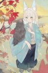  1girl absurdres animal_ears animal_on_arm autumn_leaves bird bird_on_arm blue_pants blurry blurry_foreground fishofthelakes grey_hair hand_up haori highres japanese_clothes long_hair long_sleeves original outdoors owl pants puffy_pants short_eyebrows solo stream wading wide_sleeves yellow_eyes 