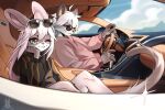 absurd_res anthro bugatti car cloud driving duo eyewear felid feline female green_eyes hair hi_res hybrid janiskisa kisa_(nervous_lotus) lagomorph leporid long_ears long_hair long_tail love male male/female mammal mountain rabbit sea sky steering steering_wheel sunglasses tail vehicle water white_hair