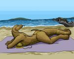 anthro beach bikini breasts clothing female jenny_(slither) log oniontrain slither solo sunning swimwear tongue towel wood