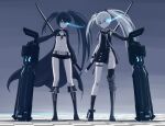 2girls 32zzz asymmetrical_legwear belt bikini bikini_top_only black_hair black_rock_shooter black_rock_shooter_(character) blue_eyes boots breasts dress flaming_eye front-tie_bikini_top front-tie_top front_slit full_body groin gun highres holding holding_sword holding_weapon knee_boots light_smile long_hair looking_at_viewer multiple_girls multiple_scars navel scar short_shorts shorts slim_legs small_breasts standing stomach swimsuit sword twintails very_long_hair weapon white_hair 