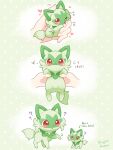  ? animal_ears animal_focus cat_ears closed_mouth english_text green_fur heart highres holding licking mugita_konomi pokemon pokemon_(creature) red_eyes signature simple_background sprigatito tail two-tone_fur 