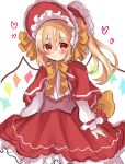  1girl alternate_costume alternate_headwear back_bow blonde_hair blush bow bowtie capelet closed_mouth cowboy_shot dorowa_(drawerslove) flandre_scarlet frilled_bonnet frilled_skirt frills hair_between_eyes heart highres lolita_fashion long_hair long_shirt looking_at_viewer multicolored_wings one-hour_drawing_challenge one_side_up red_bonnet red_capelet red_eyes red_skirt shirt simple_background skirt solo striped_clothes striped_shirt touhou vertical-striped_clothes vertical-striped_shirt white_background white_shirt wings yellow_bow yellow_bowtie 