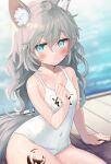  1girl animal_ear_fluff animal_ears arm_support bare_arms bare_shoulders blue_eyes blurry blurry_background breasts collarbone commentary_request covered_navel depth_of_field grey_hair hair_between_eyes hand_up highres long_hair looking_at_viewer minamura_haruki name_tag old_school_swimsuit one-piece_swimsuit original school_swimsuit small_breasts swimsuit tail very_long_hair water wet wet_hair white_one-piece_swimsuit wolf_ears wolf_girl wolf_tail 