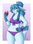 anthro blue_hair bracelet breasts cleavage clothed clothing dessert dipstick_arms dipstick_limbs dipstick_tail ears_down eeveelution eyelashes female food generation_4_pokemon glaceon hair hand_on_hip holding_food holding_ice_cream holding_object ice_cream jewelry junefallstar looking_at_viewer markings navel nintendo pivoted_ears pokemon pokemon_(species) ponytail purple_background purple_clothing purple_swimwear simple_background smile solo swimwear tail tail_markings thick_thighs white_background wide_hips yellow_eyes