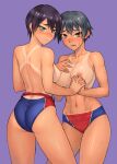  2girls :o abs ass bang-you black_hair blush breasts brown_eyes clothes_pull collarbone competition_swimsuit embarrassed green_eyes grey_hair highres holding_hands interlocked_fingers large_breasts looking_at_viewer medium_breasts multiple_girls navel nipples one-piece_swimsuit one-piece_swimsuit_pull open_mouth original purple_background short_hair simple_background skindentation sweat swimsuit tan tanlines toned topless track_uniform 