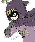  1boy animification blonde_hair cape eye_mask frown gloves green_eyes haizai hood hood_up hooded_cape kenny_mccormick long_sleeves male_focus mysterion solo south_park south_park:_the_fractured_but_whole superhero_costume 