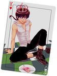  bare_shoulders black_hair braid cake card card_(medium) crown food full_body long_hair male_focus playing_card purple_eyes ranma_1/2 saotome_ranma solo uzuki_saku 