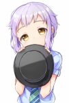  1girl black_hat blue_shirt blush covering_own_mouth dot_nose expressionless hat head_tilt holding holding_clothes holding_hat idolmaster idolmaster_million_live! idolmaster_million_live!_theater_days kuresuku_(lessons) looking_at_viewer makabe_mizuki necktie plaid_necktie purple_hair shirt short_hair short_sleeves sidelocks simple_background solo upper_body wavy_hair white_background yellow_eyes 