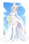  1girl animal_ear_fluff animal_ears bare_shoulders blue_eyes blue_flower blue_sky bouquet breasts cleavage closed_mouth cloud commentary_request day detached_sleeves dress flower full_body garter_straps gloves grey_hair hair_between_eyes hair_flower hair_ornament heterochromia high_heels highres long_sleeves looking_at_viewer medium_breasts multicolored_hair nibiiro_shizuka orange_hair original red_eyes rose see-through see-through_cleavage shoes skirt_hold sky solo standing streaked_hair tail thighhighs wedding_dress white_dress white_flower white_footwear white_gloves white_rose white_sleeves white_thighhighs 