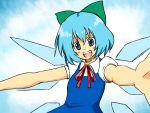  1girl blue_bow blue_dress blue_eyes blue_hair blush bow cirno dress hair_bow hashitanai hat ice ice_wings multiple_girls open_mouth ribbon shirt short_hair short_sleeves smile solo touhou wings 