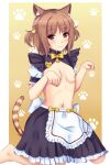  1girl :3 animal_ear_fluff animal_ears apron azuki_(nekopara) back_bow barefoot black_skirt blunt_bangs blush border bow bowtie breasts breasts_out brown_eyes brown_hair cat_ears cat_girl cat_hair_ornament cat_tail character_name cleavage cleavage_cutout closed_mouth clothing_cutout commentary convenient_arm english_commentary frilled_apron frilled_skirt frills hair_ornament hands_up heart-shaped_ornament kneeling knees_out_of_frame llukik looking_at_viewer medium_hair midriff navel nekopara nipples parted_bangs paw_pose paw_print puffy_short_sleeves puffy_sleeves short_sleeves simple_background skirt slit_pupils small_breasts smile solo stomach straight_hair striped_tail tail tail_raised twitter_username two_side_up waist_apron white_apron white_border white_bow yellow_background yellow_bow yellow_bowtie 
