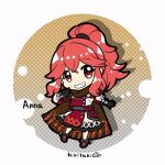  1girl anna_(fire_emblem) artist_name black_gloves brown_cape cape character_name chibi chibi_only crossed_bangs dress fire_emblem fire_emblem_engage gloves kiritaki long_hair looking_at_viewer ponytail red_dress red_eyes red_hair smile solo teeth two-tone_dress white_dress 