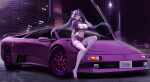  1girl absurdres black_gloves breasts car city city_lights cleavage commission crop_top fingerless_gloves floating_hair full_body gloves high_heels highres horns kcar66t large_breasts long_hair looking_at_viewer microskirt midriff motor_vehicle navel night original pixiv_commission purple_footwear purple_skirt purple_theme race_queen red_eyes shoes short_sleeves sitting_on_car skirt solo stiletto_heels thighhighs twintails vehicle_request very_long_hair white_thighhighs zettai_ryouiki 