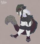 anthro artist_name black_and_white blue_markings bottomwear brown_body brown_fur canid canine cheek_tuft chest_tuft claws clothed clothing digital_drawing_(artwork) digital_media_(artwork) dragon english_text facial_tuft feet flat_colors fluffy fluffy_ears fluffy_hair fluffy_hypocrite fluffy_tail full-length_portrait fur furred_dragon furred_scalie green_markings hair hi_res horn hybrid jester jester_outfit looking_at_viewer male mammal markings monochrome mythological_creature mythological_scalie mythology neck_tuft on_one_leg pants portrait scalie signature simple_background smile smirk solo standing tail tan_body tan_fur tan_markings teeth text topwear tuft zurg