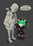  1boy 1girl animal_ears black_background blue_eyes blush coin crystal faceless faceless_male flustered full_body green_hair hand_in_pocket highres hood hood_down hoodie jewelry looking_at_another looking_to_the_side mouse_ears mouse_girl mouse_tail necklace original pickpocket queekchan shadow shoes simple_background socks standing sweatdrop tail theft 