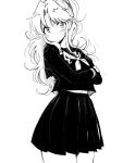  1girl blush botan_(yu_yu_hakusho) closed_mouth greyscale long_hair long_sleeves looking_at_viewer monochrome navel pleated_skirt ponytail school_uniform simple_background skirt solo white_background yu_yu_hakusho 