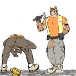 anthro armor balls bear bent_over brown_bear clothed clothing construction_site construction_worker dickinoatmeal duo felid foreskin genitals hammer hard_hat headgear helmet hi_res humanoid male male/male mammal no_underwear pantherine penis public public_nudity saggy_balls sex simple_background tiger tool_belt tools ursine white_background work_boots work_gloves