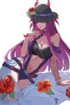 1girl bare_shoulders black_hat breasts cleavage commentary_request fire_emblem fire_emblem_engage fire_emblem_heroes flower hand_up hat hat_flower highres ivy_(fire_emblem) long_hair looking_at_viewer mole navel official_alternate_costume open_mouth purple_eyes purple_hair red_flower solo stomach very_long_hair white_background yuurururun 