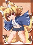  animal_ears bad_id bad_pixiv_id bike_shorts blonde_hair borrowed_character brown_eyes brown_hair chibi fox_ears fox_tail japanese_clothes kuroneko_liger midriff multicolored_hair multiple_tails original sanbi_(reku) short_hair solo tail two-tone_hair 