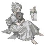  1boy 2girls ^^^ absurdres androgynous back_bow barefoot black_eyes bow cithis crossdressing dress dungeon_meshi elf frilled_dress frilled_sleeves frills from_side full_body grey_hair hair_bow half-closed_eye highres holding holding_stuffed_toy huang_du_du knees_together_feet_apart knees_up looking_at_viewer male_focus misyl_(dungeon_meshi) mithrun multiple_girls pointy_ears puffy_short_sleeves puffy_sleeves short_hair short_sleeves simple_background sitting solo_focus stuffed_animal stuffed_toy teddy_bear uneven_eyes white_background white_dress 