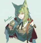  1girl :p animal_ear_fluff animal_ears arknights black_ribbon cape cat_ears cat_girl chinese_commentary commentary_request cropped_torso dated green_eyes green_hair grey_vest hand_up harmonie_(arknights) highres long_hair long_sleeves looking_at_viewer neck_ribbon red_cape ribbon shirt signature sketch smile solo tongue tongue_out two-sided_cape two-sided_fabric vest white_cape white_shirt zhutongfan 