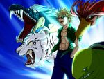  bird blonde_hair dragon fate/stay_night fate_(series) gate_of_babylon hands_in_pockets hawaiian_shirt koji_(koji-a) male_focus open_clothes open_shirt parody shirt spiked_hair sunglasses tiger to_aru_majutsu_no_index tsuchimikado_motoharu turtle white_tiger 