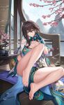  1girl absurdres bare_legs bare_shoulders barefoot breasts brown_dress brown_hair cherry_blossoms cleavage detached_collar dress elbow_gloves feet gloves gold_trim green_dress green_eyes green_gloves hair_ornament highres honkai:_star_rail honkai_(series) incense_burner jewelry kacyu large_breasts legs long_hair looking_at_viewer nail_polish necklace pearl_necklace pelvic_curtain ponytail ruan_mei_(honkai:_star_rail) sidelocks sitting soles solo toenail_polish toenails toes two-tone_dress variant_set 
