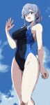  1girl alternate_costume blue_eyes blue_hair blue_one-piece_swimsuit blue_sky blush breasts cloud cloudy_sky competition_swimsuit day from_below gotland_(kancolle) hair_between_eyes hair_bun highres kantai_collection long_hair looking_at_viewer looking_down mole mole_under_eye one-piece_swimsuit open_mouth single_hair_bun sky smile solo swimsuit unagiman 