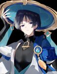  1boy anemo_symbol_(genshin_impact) arm_at_side armor black_background black_bodysuit black_bridal_gauntlets black_hair blue_cape blue_gem blue_hat blue_jingasa blue_kimono blue_pupils blue_sleeves blunt_ends bodysuit bridal_gauntlets cape choppy_bangs clenched_teeth covered_collarbone eyeliner feathers furrowed_brow gem genshin_impact gold hand_up hat highres japanese_armor japanese_clothes jingasa juban kimono kote kurokote layered_sleeves looking_at_viewer makeup male_focus mandarin_collar nitenmanten0 open_clothes open_hand open_kimono pom_pom_(clothes) portrait purple_eyes red_eyeliner scaramouche_(genshin_impact) short_sleeves shoulder_peek side_cape solo teeth tsurime wanderer_(genshin_impact) white_kimono white_sleeves white_trim wolf_cut yellow_feathers 